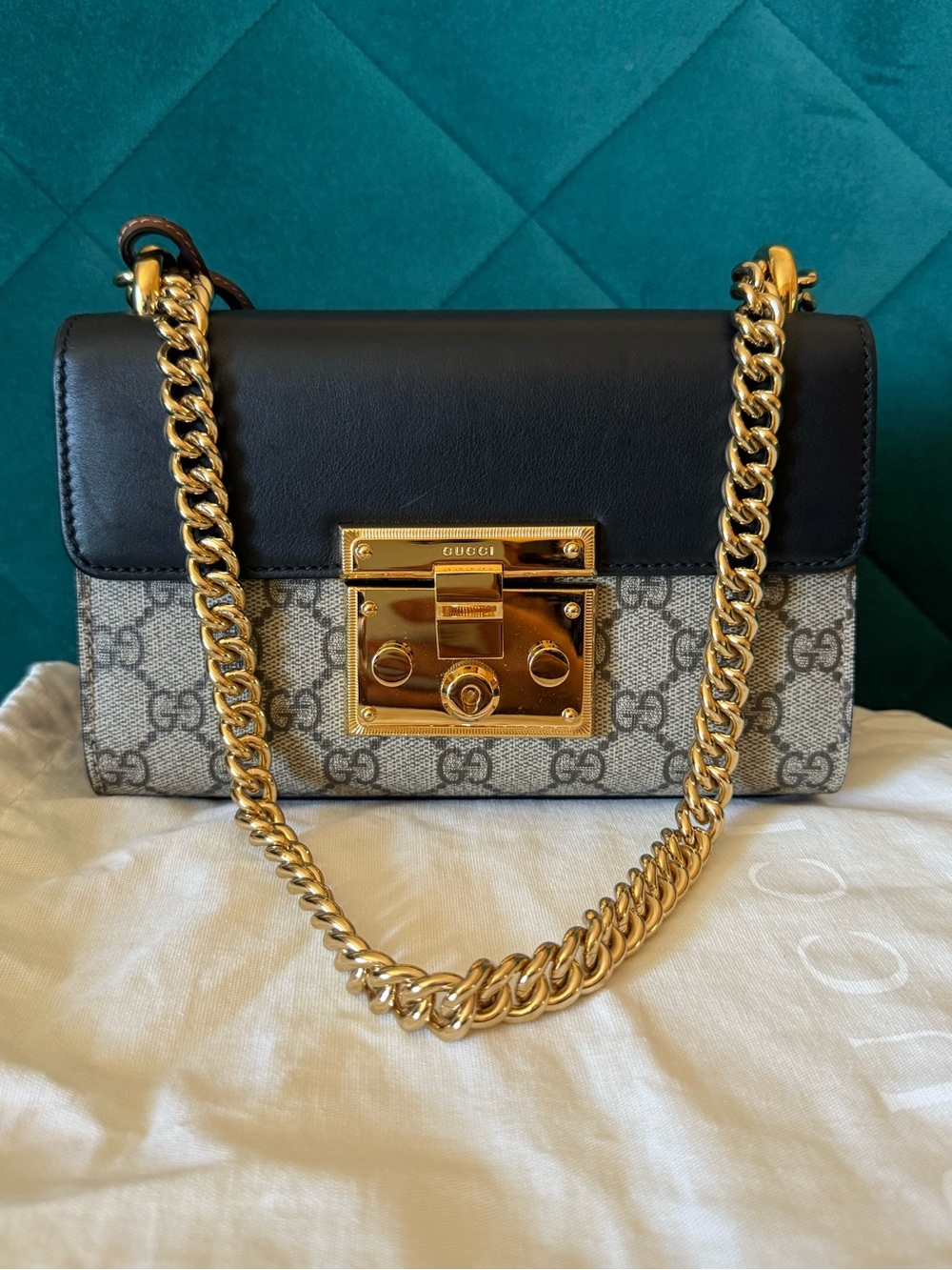Gucci Black Leather & GG Canvas Shoulder Bag with Gold Hardware